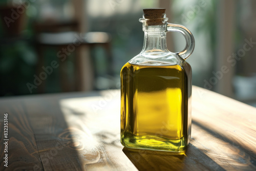 Olive Oil and Olives on Wooden Table at Sunset A rustic setting of olive oil glass bottle and a bowl jug of mixed liquid extra virgin olives on a wooden table in windows plant background
