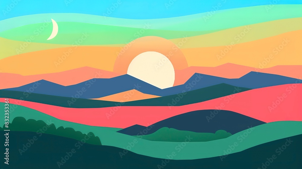 Sunset behind hills wallpaper flat design side view evening calm theme animation Complementary Color Scheme 