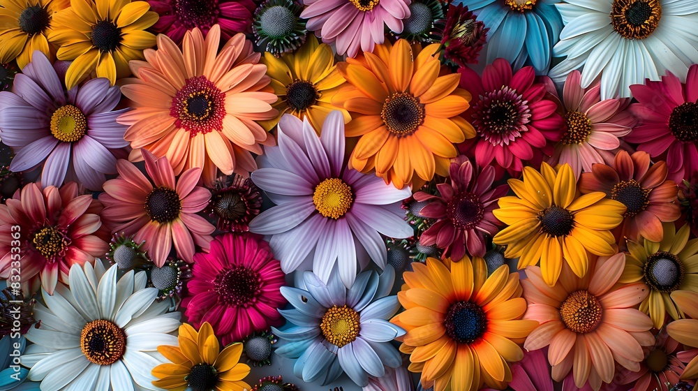 Colorful paper daisies arranged in an intricate pattern, showcasing the beauty of floral artistry and creativity. Colorful paper daisies arranged in an intricate pattern, showcasing the beauty of floral artistry and creativity.