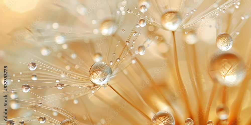 Obraz premium Close-up of dandelion seeds with dew drops in golden light, capturing the delicate beauty and intricate details of nature's morning magic