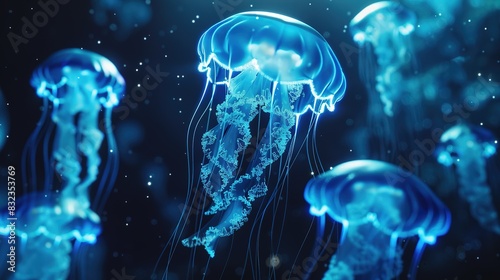 Magnificent Blue Fluorescent Underwater World with Jellyfish: Realistic Cinematic Photo Effect © Li