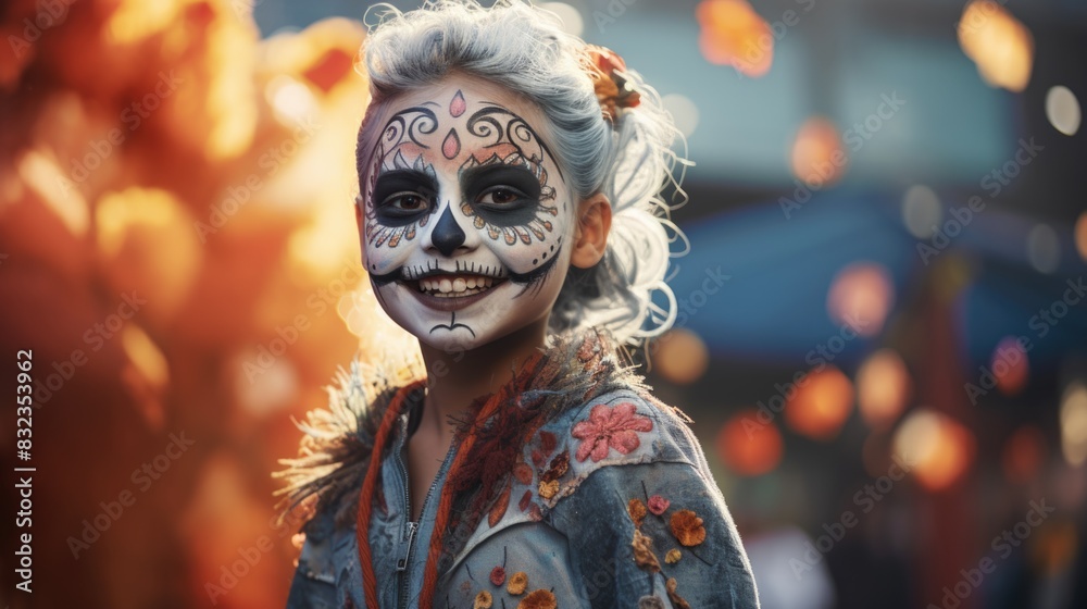 Enigmatic Woman with Dia de los Muertos Makeup in Autumn Evening Enigmatic Woman with Dia de los Muertos Makeup in Autumn Evening