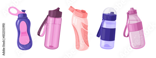 Water bottles in various shapes and colors.