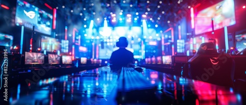 A gamer wearing headphones sits at a computer in a vibrant gaming arena with colorful LED screens and spotlights around them, immersed in gameplay.