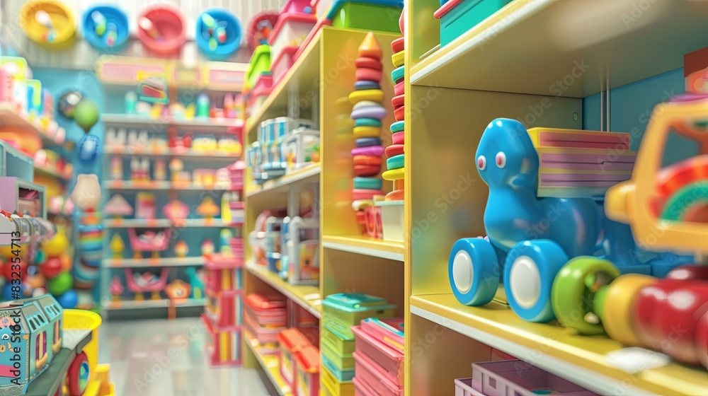 A playful, toy store background with shelves filled with colorful toys.
