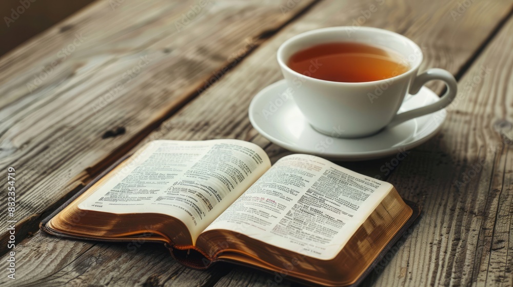 Bible opened on a wooden table beside a warm cup of tea, evoking a sense of serenity and contemplation Bible opened on a wooden table beside a warm cup of tea, evoking a sense of serenity and contemplation