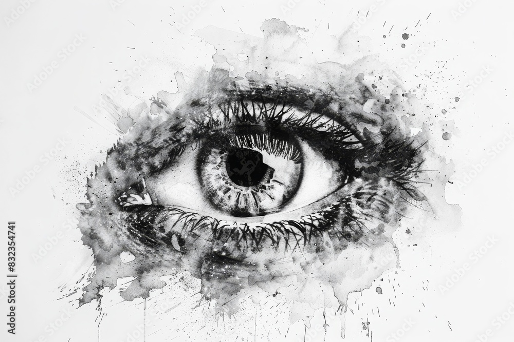 Fototapeta premium Artistic black and white eye sketch with intricate details and splatter effects, blending realism with abstract style on a white background.