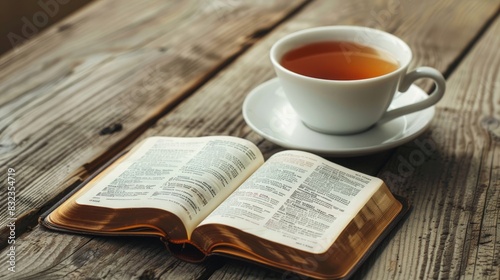 Bible opened on a wooden table beside a warm cup of tea, evoking a sense of serenity and contemplation