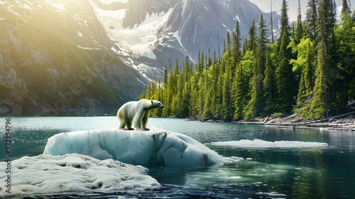 A polar bear standing on a shrinking ice cap, contrasted with lush green forests and thriving wildlife on the other side. photo