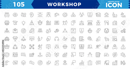 Workshop web icon set. collaboration, teamwork, partnership, goals, problem-solving and education,Workshop outline icons with Includes Presentation, Managing, editable stroke outline icon.