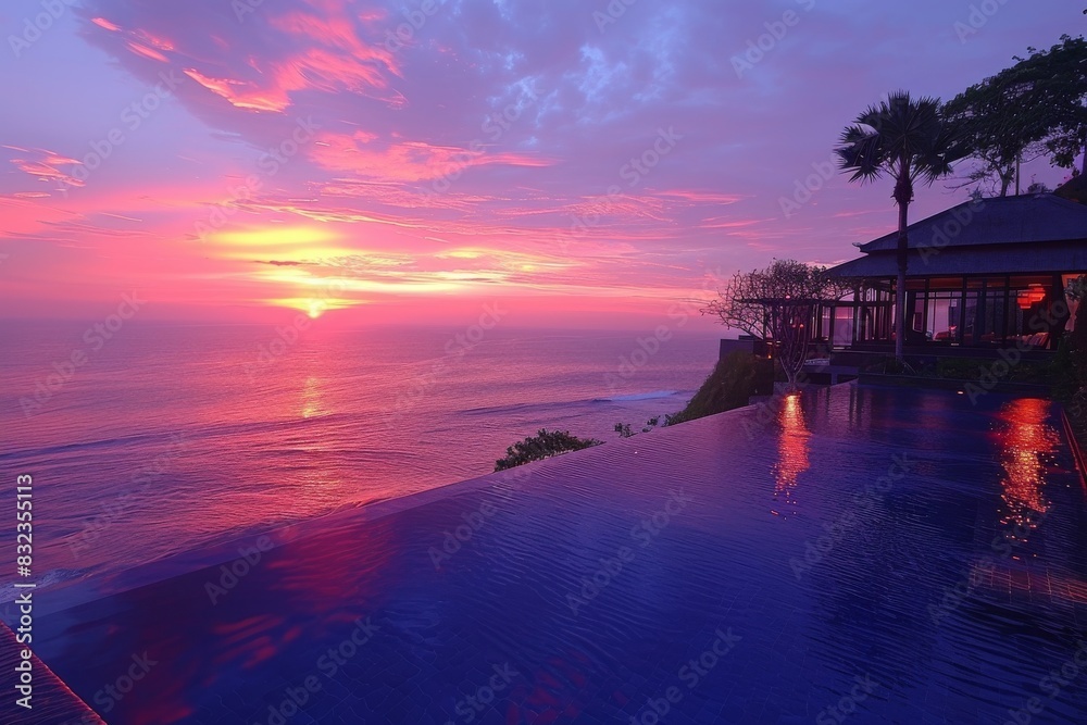 Vibrant sunset view from an infinity pool, creating a breathtaking and serene scene perfect for relaxation and enjoying the natural beauty of the coastal environment Vibrant sunset view from an infinity pool, creating a breathtaking and serene scene perfect for relaxation and enjoying the natural beauty of the coastal environment