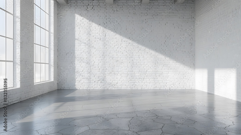 Empty room interior with a white brick wall and concrete floor, mock up for design presentation. Background of an empty studio or office space with white walls.