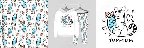 Seamless pattern and illustration with cat hugs fish. Best friends bundle. Yum-yum text. Cute design pajamas. Baby background for fashion t-shirt print, birthday invitation card, wrapping