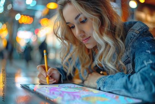 Attractive woman in a jacket engaged in digital painting with fluorescent colors on a pad photo