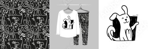 Seamless pattern and illustration for kid with happy dog. Best friends bundle. Cute design pajamas. Baby background for fashion t-shirt print, birthday invitation card, wrapping