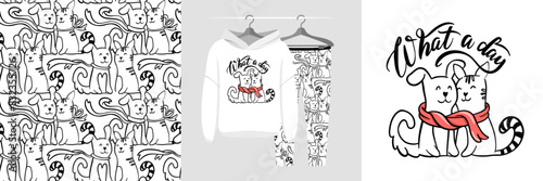 Seamless pattern and illustration for kid with dog and cat. Best friends bundle. What a day text. Cute design pajamas. Baby background for fashion t-shirt print, birthday invitation card, wrapping