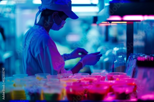 Scientist in a lab wearing protective gear works under neon lights, performing experiments with colorful samples on the table.