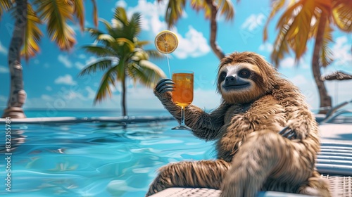 paradise with our delightful sloth, lounging with a refreshing cocktail by a sparkling pool