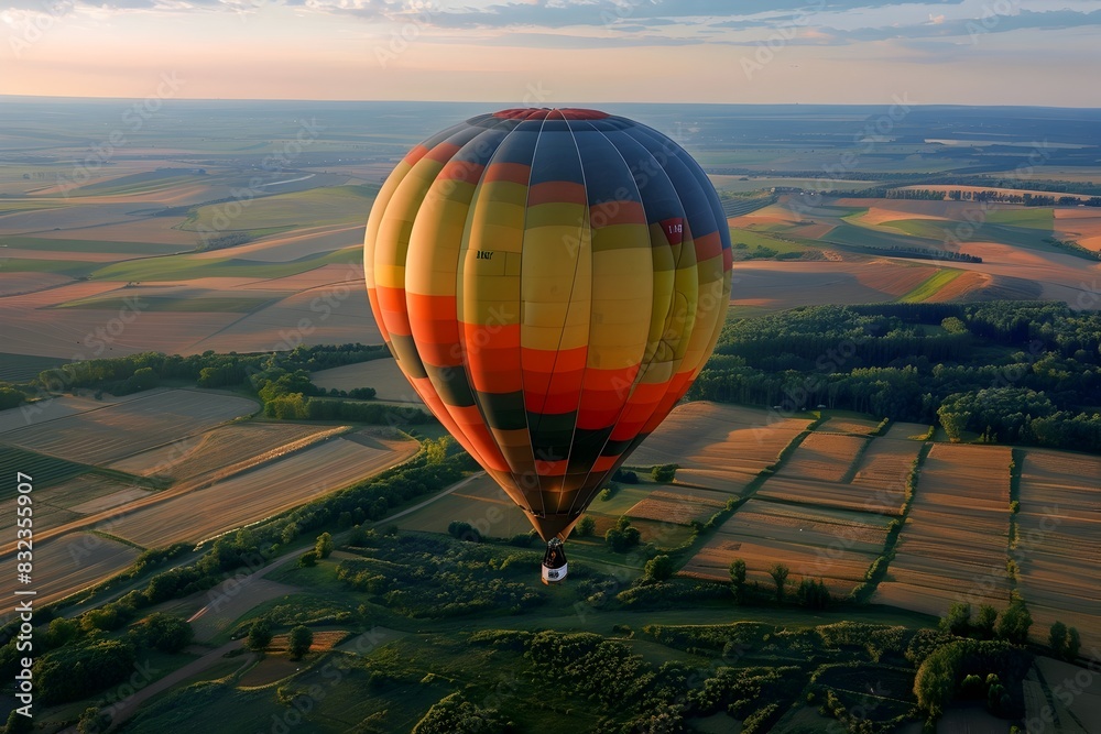 Fototapeta premium Stunning Aerial View of Scenic Hot Air Balloon Ride over the Serene Countryside