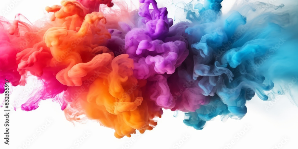 Fototapeta premium Colorful smoke explosion on white background, rainbow gradient colorful ink smoke