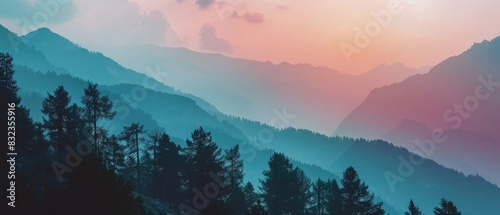 Breathtaking view of layered mountains with a colorful sunrise sky, creating a serene and tranquil nature landscape. photo
