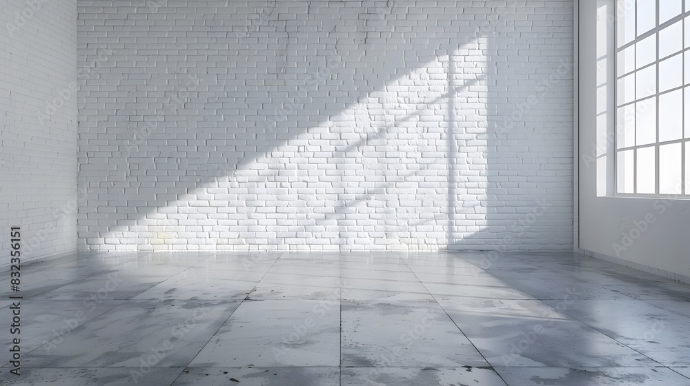 Empty room interior with a white brick wall and concrete floor, mock up for design presentation. Background of an empty studio or office space with white walls. Empty room interior with a white brick wall and concrete floor, mock up for design presentation. Background of an empty studio or office space with white walls.
