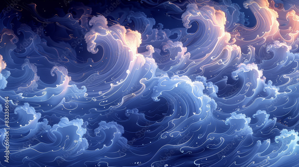 Painting: Waves of the sea swaying in light and dark blue. Looks like a group of clouds sometimes flowing back and forth in the night Under the dark sky
Painting: Waves of the sea swaying in light and dark blue. Looks like a group of clouds sometimes flowing back and forth in the night Under the dark sky