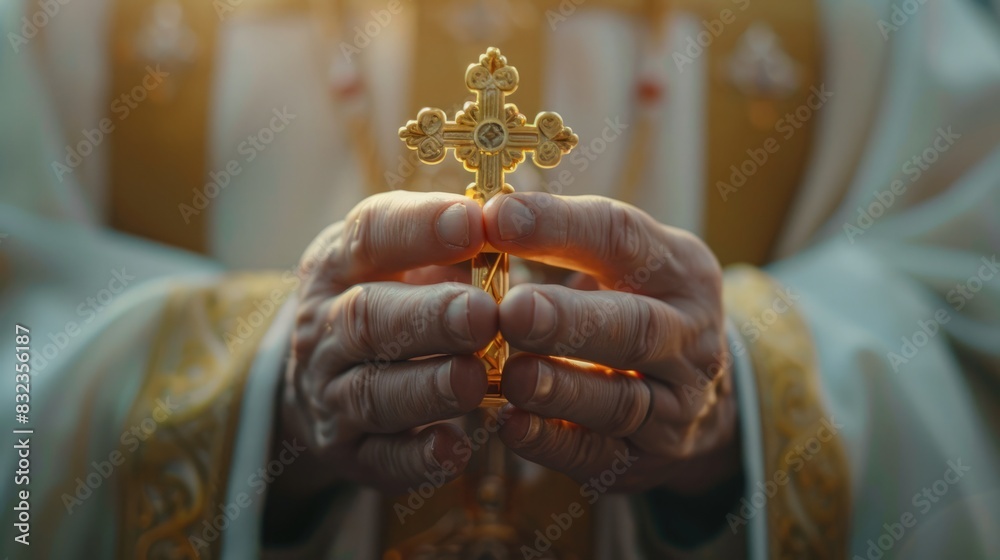 Obraz premium Cross held by a priest during a blessing ritual, capturing the essence of faith and spiritual tradition