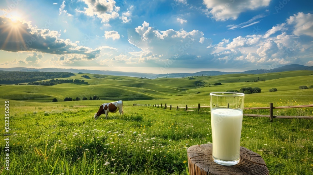 A glass of milk placed on a wooden stump in a vast, lush green pasture with cows grazing under a bright, sunny sky A glass of milk placed on a wooden stump in a vast, lush green pasture with cows grazing under a bright, sunny sky