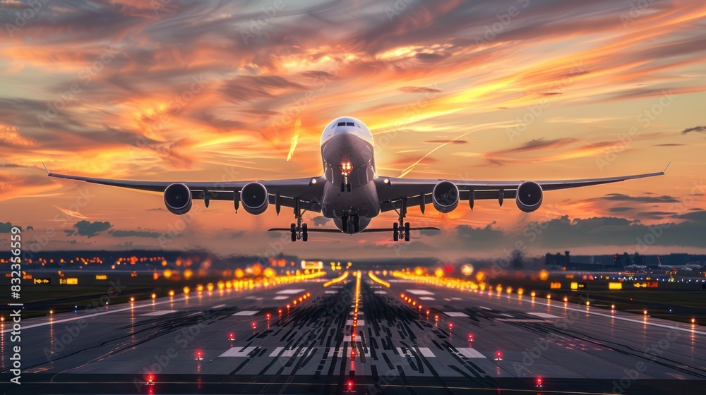 A large jetliner taking off from an airport runway at sunset or dawn with the landing gear down and the landing gear down, as the plane is about to take off. A large jetliner taking off from an airport runway at sunset or dawn with the landing gear down and the landing gear down, as the plane is about to take off.
