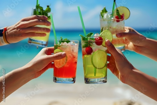 Friends toasting with tropical drinks on the beach with ocean in the background