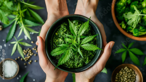 Woman hands holding bowl with cannabis. Food infused with CBD, marihuana extract. Concept: Alternative medicine, organic and healthy snack with cannabis.