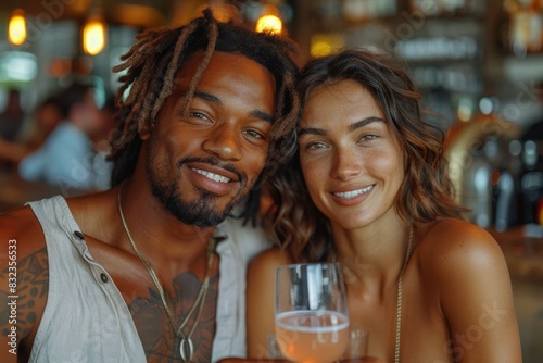 A diverse and happy couple sharing a moment with a glass of wine at a restaurant