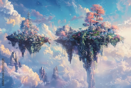 Floating islands with mythical creatures and magical flora, soft pastels, fantasy, highdetail illustration, enchanting and surreal,