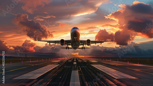 A large jetliner taking off from an airport runway at sunset or dawn with the landing gear down and the landing gear down, as the plane is about to take off.  photo