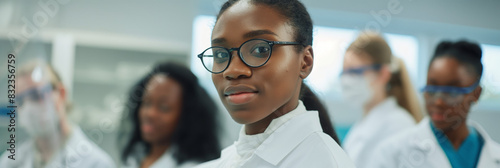 A young African female medical student stands confidently among her peers in a lab environment photo