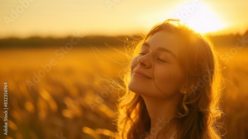 Backlit Portrait of calm happy smiling free longhair woman with closed eyes enjoys a beautiful moment life on the fields at sunset.  © Samady Sat 