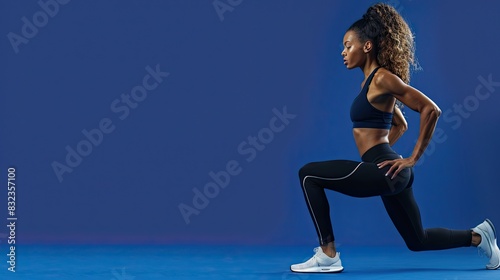 Fitness model doing a side lunge stretch isolated on a royal blue background