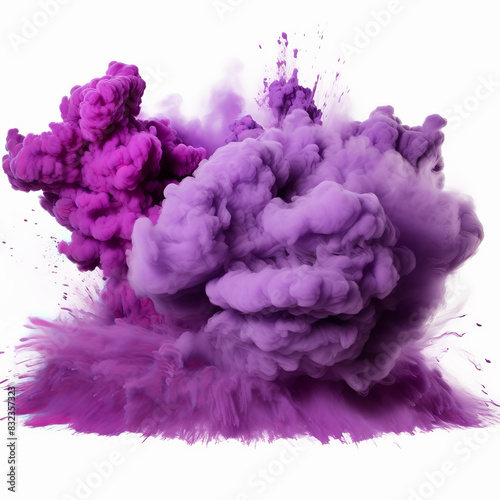  purple smoke explosion on white background, purple powder explosion