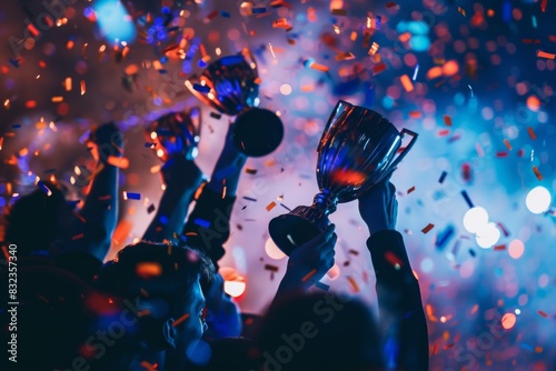 Hands holding trophies in a celebratory atmosphere with colorful confetti and vivid lighting, representing victory and success. photo