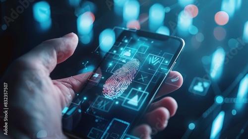Close-up of a secure online transaction being authenticated with biometric data, illustrator style, fingerprint on a smartphone. photo