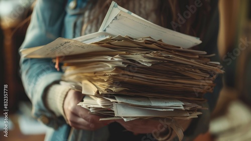 Close-up of woman holding a stack of old letters and papers and unpaid bills photo