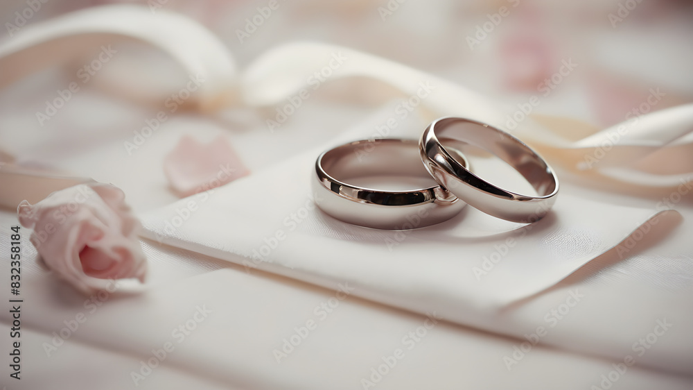 Elegant wedding rings placed on beige surface in light room with minimalist interior, Generative AI Elegant wedding rings placed on beige surface in light room with minimalist interior, Generative AI
