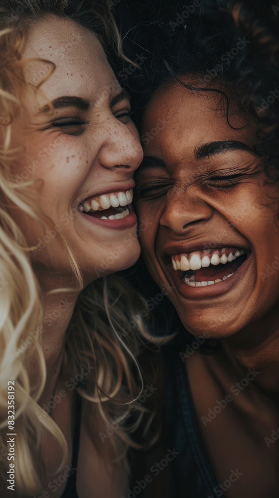 Two young women embrace, laughing joyfully as they hug each other tightly