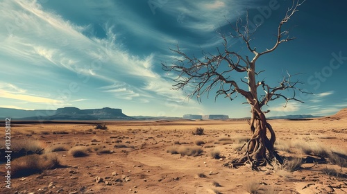 Picture of landscape of tree growing on dry sandy ground in arid terrain against cloudy sky in sunlight
