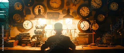 A clockmaker at work surrounded by vintage clocks in a dimly lit workshop, showcasing craftsmanship and timekeeping history. photo
