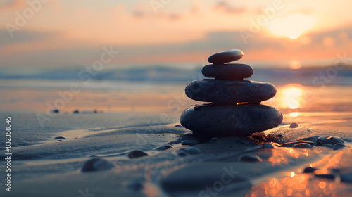 A stack of stones on the beach with the sunset in the background