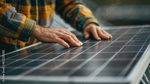 Close-up of hands installing a small solar panel on a home balcony, empowering sustainable living.