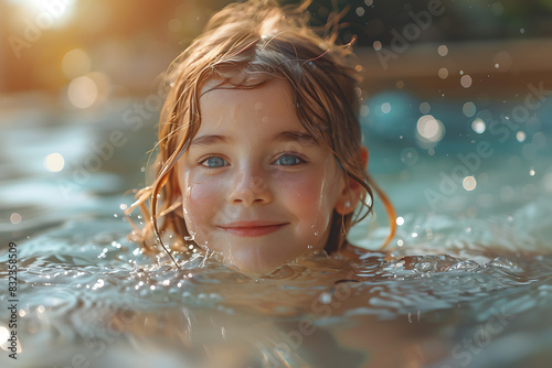 A close-up image of a young girl joyfully swimming in a pool  floating in a colorful inflatable ring  with water ripples and reflections creating a playful and refreshing atmosphere
