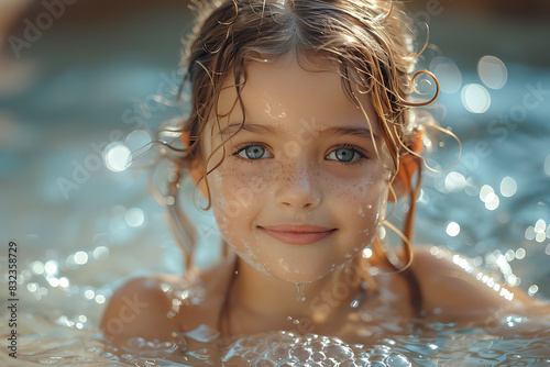 A close-up image of a young girl joyfully swimming in a pool  floating in a colorful inflatable ring  with water ripples and reflections creating a playful and refreshing atmosphere